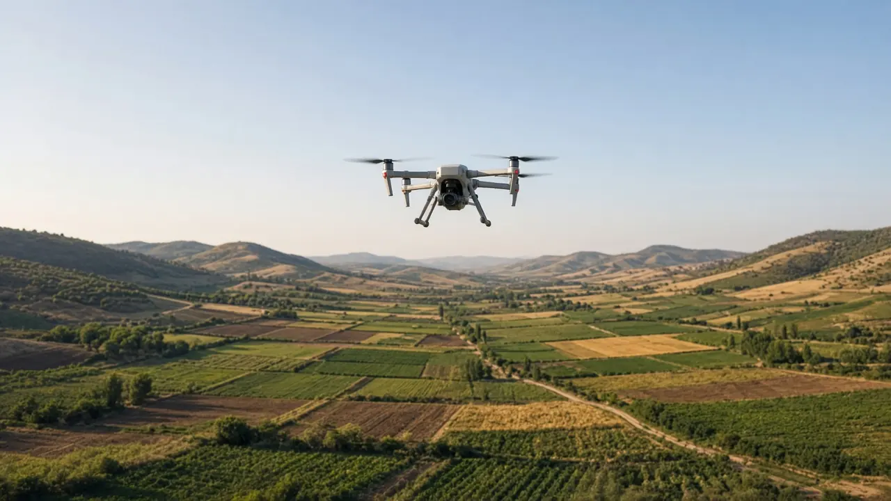 Tarla ve alçak tepeler üzerinde haritalama drone’u.