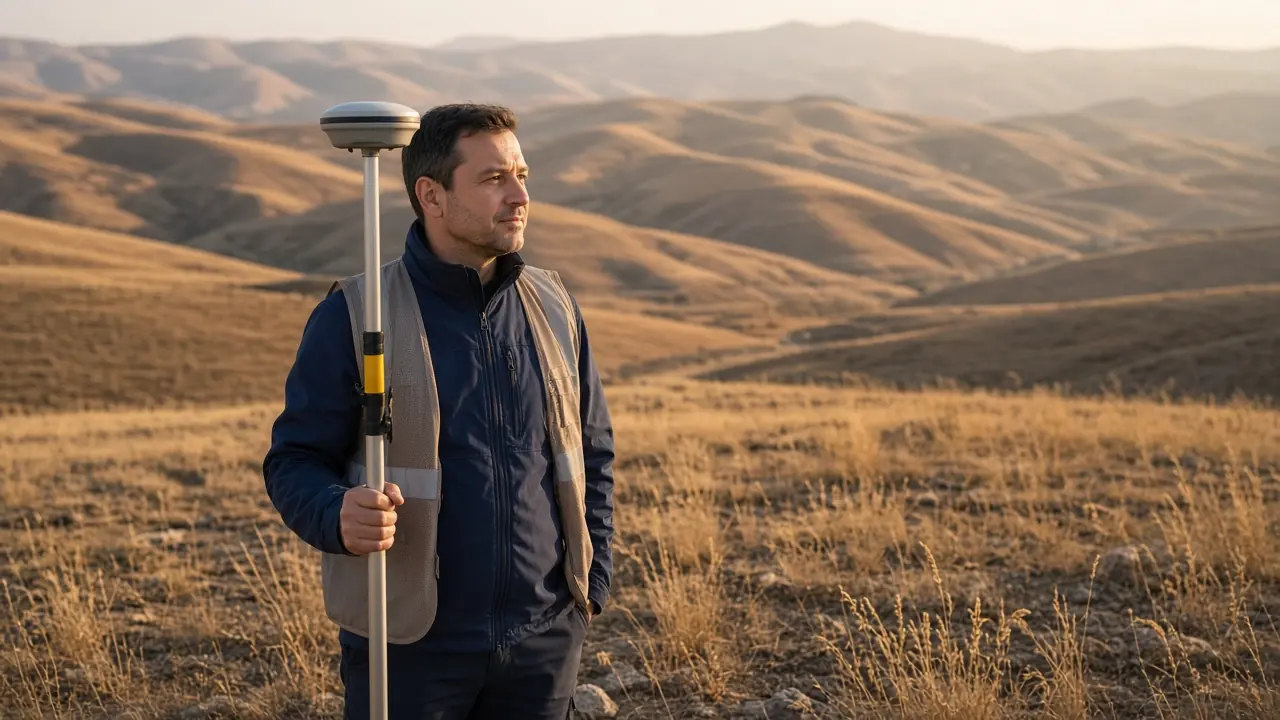Açık arazide GNSS rover ile ölçüm yapan harita ekibi.