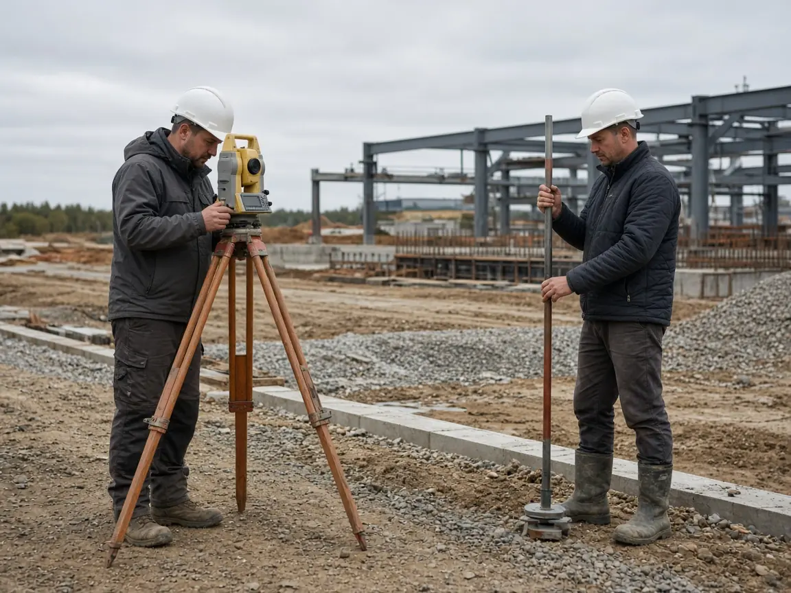 Şantiye kenarında total station ölçümü.